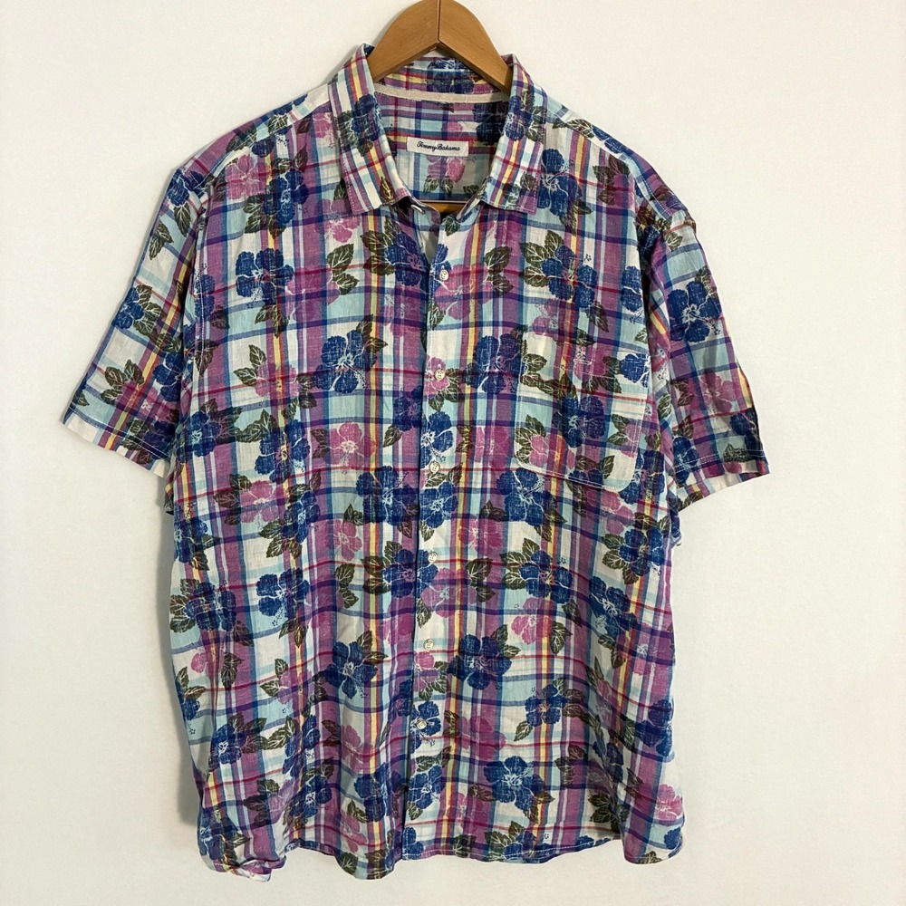 Tommy Bahama Linen Blend Shirt Mens XXL Floral Button Up Breathable Travel Party